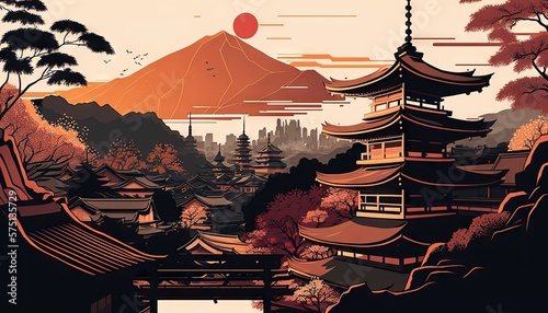 Kyoto from japan illustration Abstract colorful Background Landscape of mountains, Sakura trees, and moon illustration, gradient colors, dreamy background, Japanese buildings silhouette foreground.