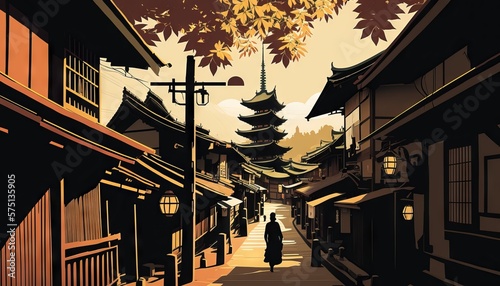 Kyoto from japan illustration Abstract colorful Background Landscape of mountains, Sakura trees, illustration, gradient colors, dreamy background, Japanese buildings silhouette foreground.