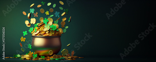Pot of luck with coins, shamrocks and clovers, Banner, St. Patrick's Day, Generative AI	