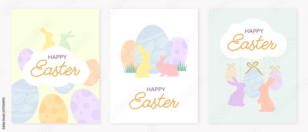 Set of three greeting card for Easter Day. Nice rabbit with egg. Vector illustration.
