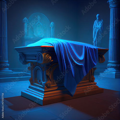 Grave with blue fabric, fantasy art illustration created with Generative AI technology
