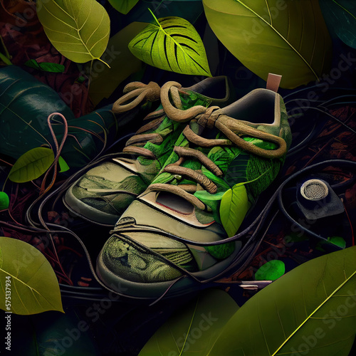 Sneakers with scattered leaves illustration created with Generative AI technology