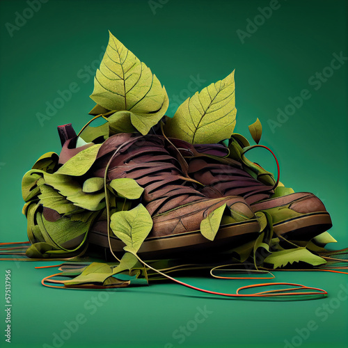 Sneakers with scattered leaves illustration created with Generative AI technology
