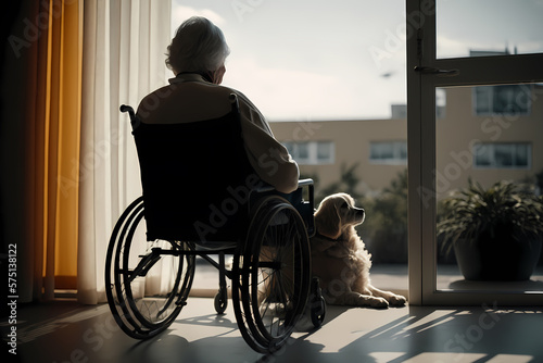 Dog accompanies the owner old man on his last journey in nursing home. Concept friendship pet and people. Generation AI © Adin