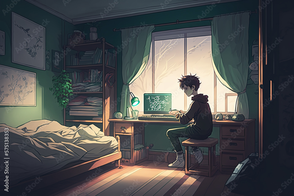 Anime guy sitting on bed in his bedroom. AI generated image. Stock  Illustration | Adobe Stock