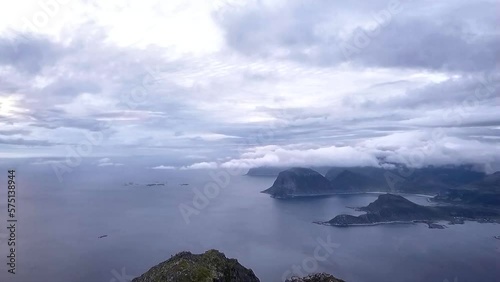 Aerial sliding shot over a mountain top in Northern Norway