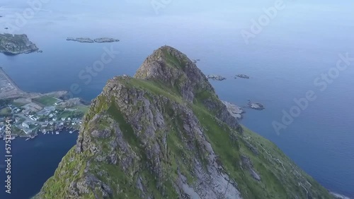 Aerial drone shot of people hiking in Lofoten, Norway in summer