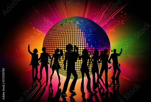 Retro Disco Party Symbol mit tanzenden Menschen als Silhouette. Poppige Farben und feiernde Leute in den 70 und 80 Jahren im Disco Fieber. photo