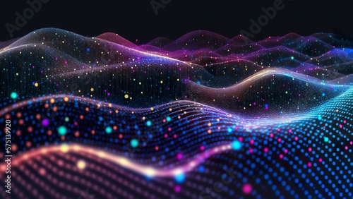 Abstract Design - neon waves with datasets and numbers stream. Element for backgrounds, banners, wallpapers, posters, headers and covers - generative AI