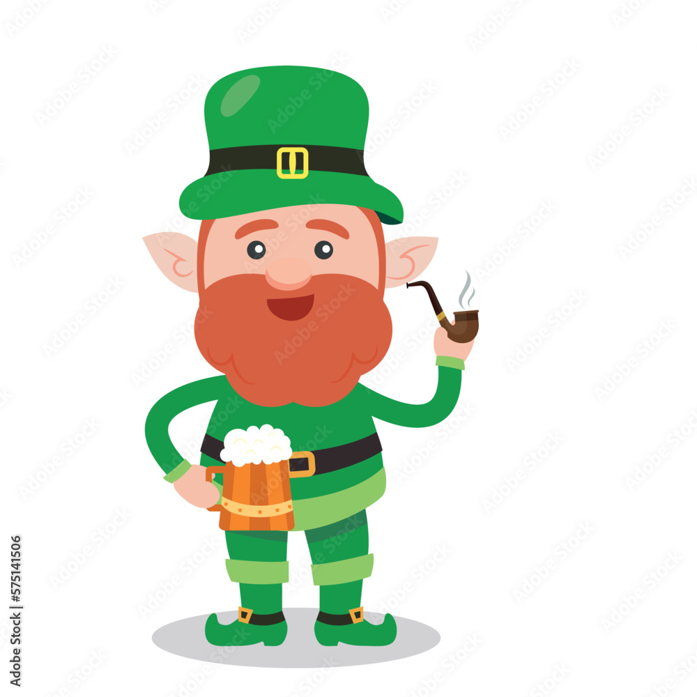 Leprechaun with mug if it's beer. Saint Patrick's Day symbol. Vector illustration.Isolated on white background.