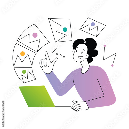 Content creator uses AI generator to create artworks a nd images. Smiling young woman uses a laptop typing a prompt for artificial intelligence application, cartoon vector illustration