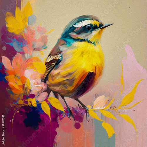 Wallpaper Mural Abstract colorful oil, acrylic painting of bird and spring flower. Modern art paintings brush stroke on canvas. Illustration oil painting, animal and floral for background. Torontodigital.ca