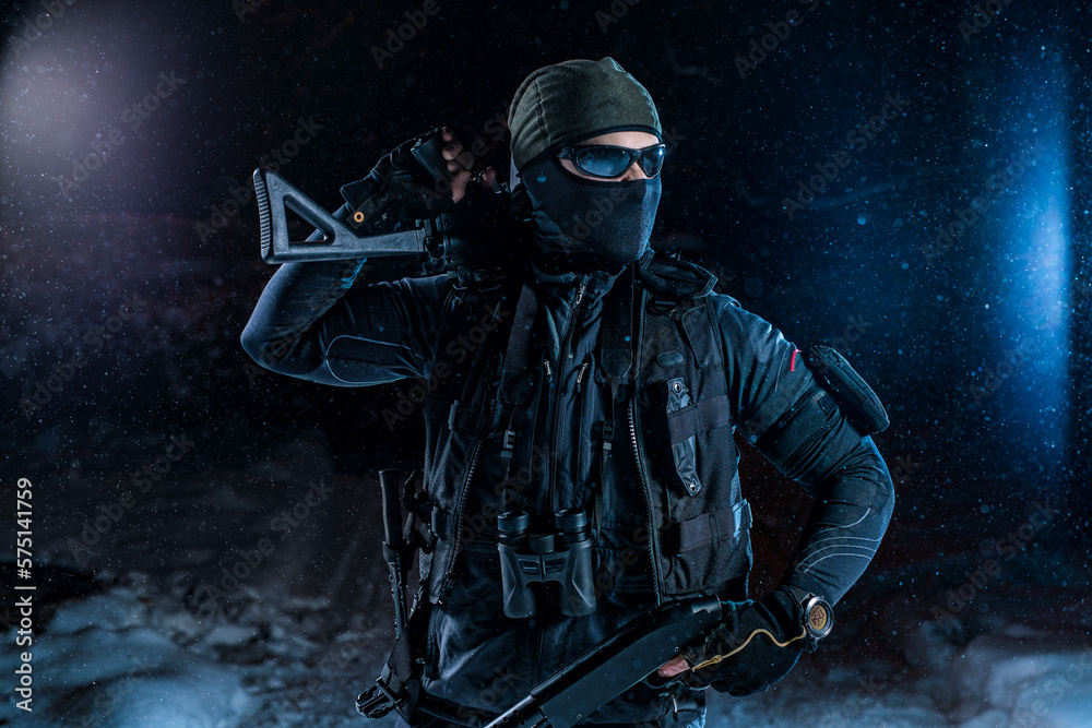 Military man winter posing at night Military man winter posing at night