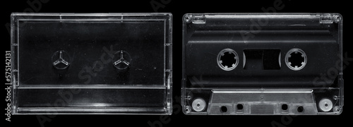 Foto Clear cassette tape and cassette case set on isolated black background