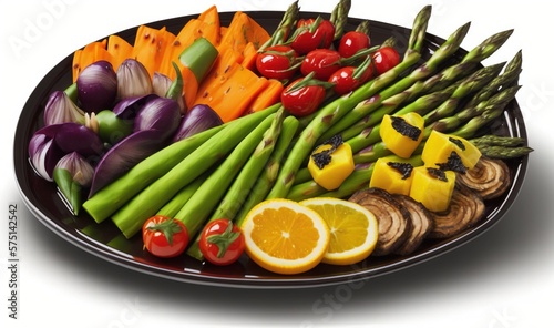  a platter of asparagus  oranges  asparagus  and other vegetables.  generative ai