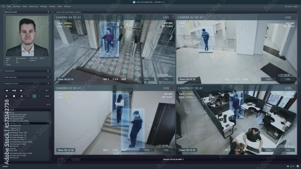 Playback CCTV cameras in coworking office on computer screen. Interface of AI futuristic program with personal profiles and recognition system. Security cam. Concept of identification and tracking.