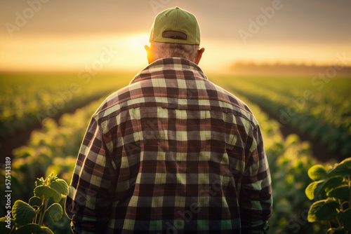 Farmer wearing a plaid shirt on plantation field. Generative AI