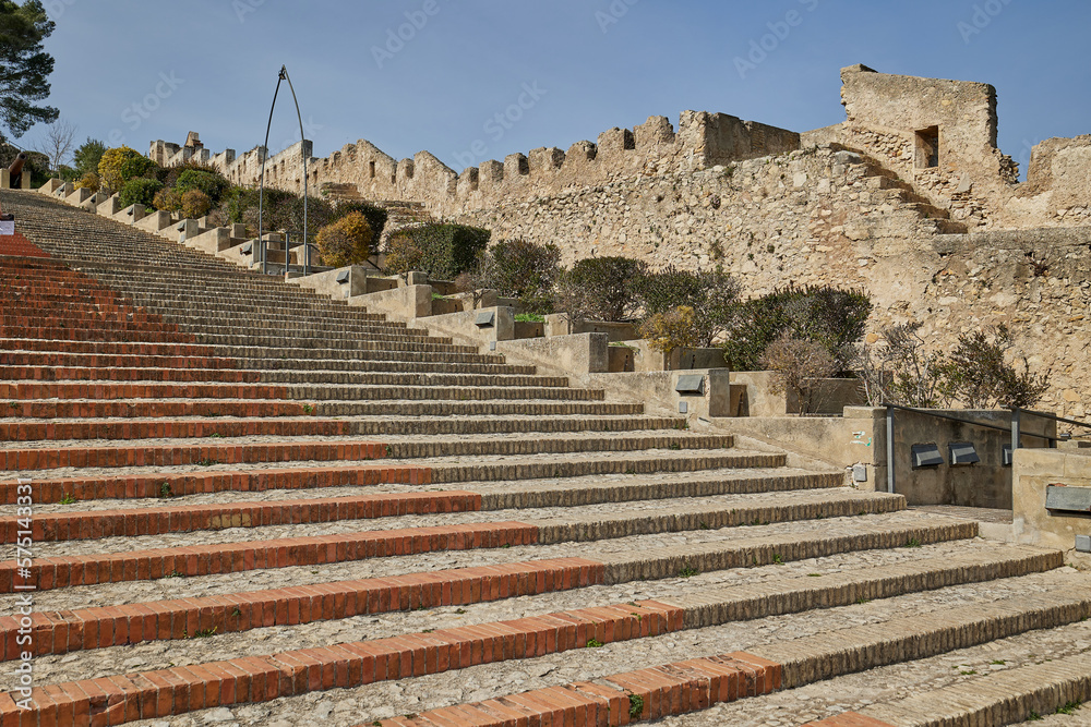 A long staircase in an ancient stone fortress