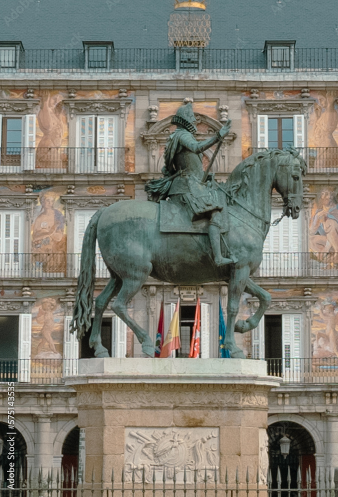 Madrid, Spain. April 4, 2022: Architecture and monuments in Plaza Mayor.