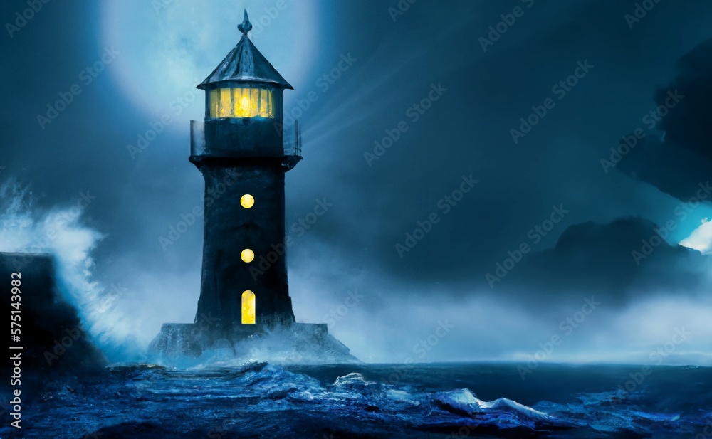 Lighthouse by the Stormy Sea, Storm Lighthouse at Cliffs and Ocean (Generative AI)