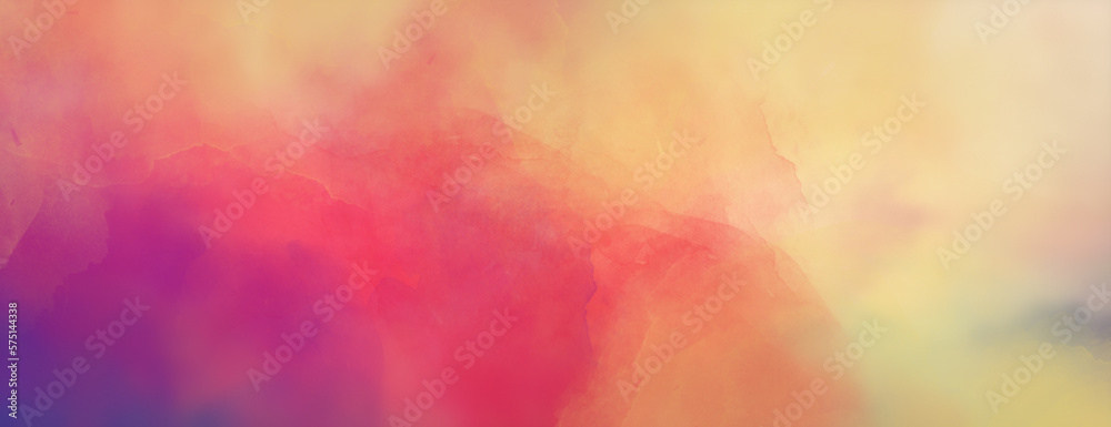 Abstract colorful watercolor background. Spring or Easter sunrise sky. Easter background. Painted watercolor blob texture. Red orange yellow blue purple and pink color. Soft pastels and bright colors.