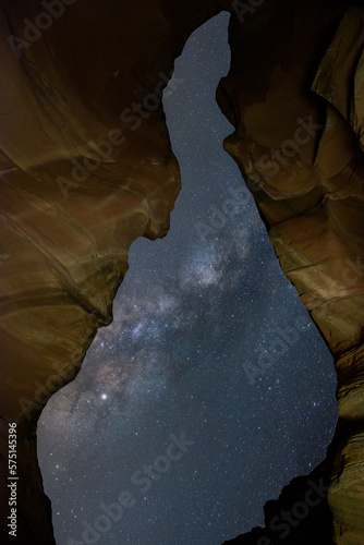 Beautiful view from Antelope Canyon near page in Arizona. The Galaxy and the many stars shine in the sky, 