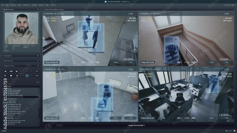 Playback CCTV cameras in business office on computer screen. Interface of AI futuristic program