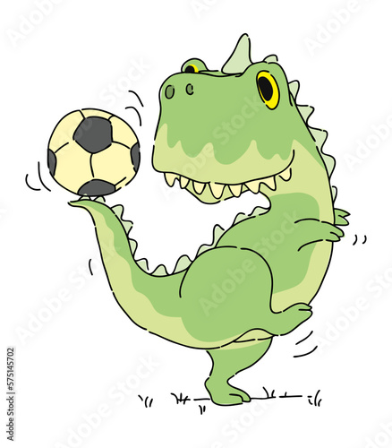 Cute smiling dinosaur playing with soccer ball 