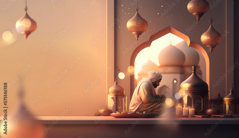 muslim having iftar at sunset azan in holy ramadan month with copy space banner - Generative AI
