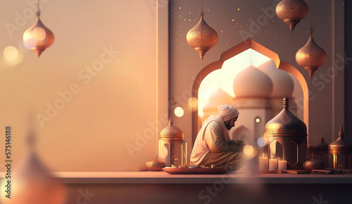 muslim having iftar at sunset azan in holy ramadan month with copy space banner - Generative AI