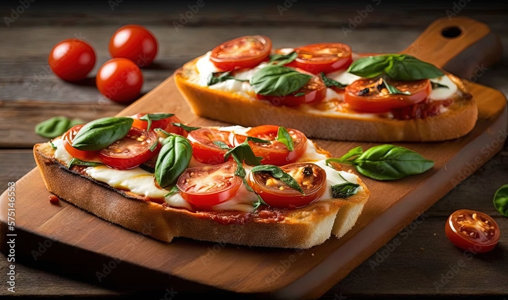  two slices of bread with tomatoes and basil on top of a cutting board.  generative ai