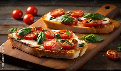  two slices of bread with tomatoes and basil on top of a cutting board. generative ai