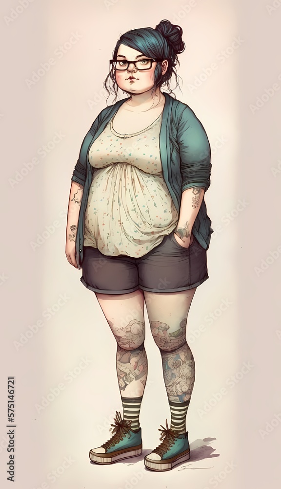 Graphic Novel Style Illustration of a Cute Plus Size Tattooed Woman with  Blue Hair in Shorts, Cat Eye Glasses, Cardigan, Hightops. [Sci-Fi, Fantasy,  Historic, Horror Character. Anime, Comic, Manga.] Stock Illustration
