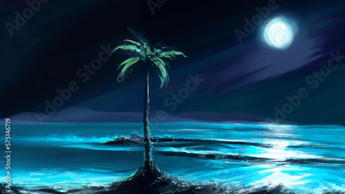 Tropical Beach with Palm tree centred in the middle at night,, crystal blue Turkoise water beach with palm single tree and night sky (Generative AI) photo