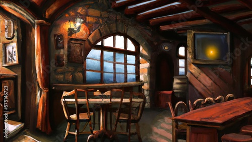 Irish Bub Empty At Daytime with Window View to the Ocean, Irish Fishing Town Pub, Empty Pub Artwork (Generative AI) photo