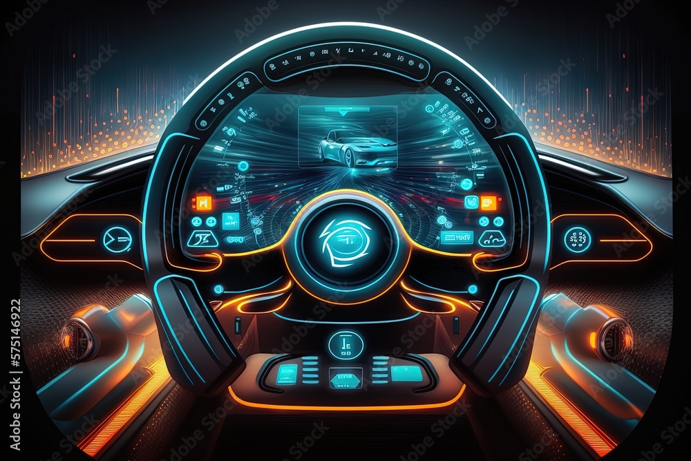Cockpit and steering wheel of futuristic autonomous car. Generative AI. - obrazy, fototapety, plakaty 