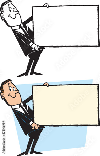 A vintage retro cartoon of a businessman holding a blank sign. 