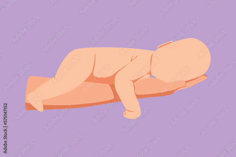 Graphic flat design drawing beautiful new born baby resting on mom hand. Tiny newborn babies and female hands. Relaxed mom and her child. Happy family with newborn. Cartoon style vector illustration