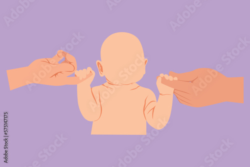 Character flat drawing beautiful baby girl holding parents hands. Adorable tiny newborn babies and parent hands. Parent with their baby. Happy family with newborn. Cartoon design vector illustration