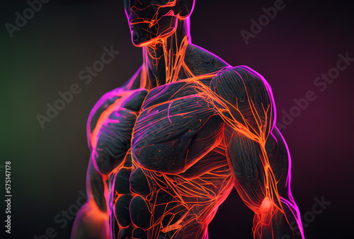 human body anatomy, muscles illuminated in orange and pink neon, generative ai photo