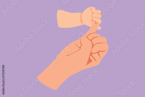 Graphic flat design drawing parent hands holding newborn baby fingers. Close up mothers hand holding their new born baby. Mothers day and happy family with newborn. Cartoon style vector illustration