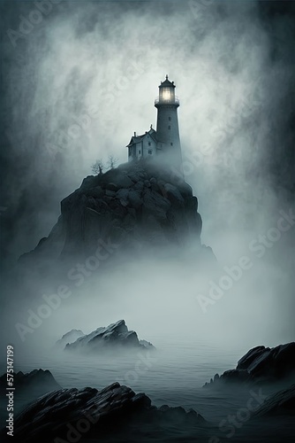 Lighthouse landscape with mist. Generative AI.
