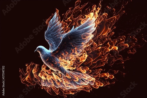 Pentecost background with flying dove and fire. Generative AI.