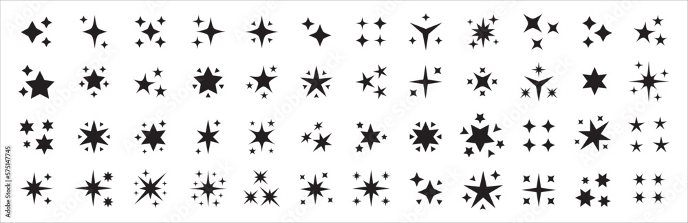 Fototapeta premium Sparkling star icon collection. Sparkle star shine icons. Shinny clean stars pop up. Shooting stars glitter vector illustration in black color. Isolated in white background.