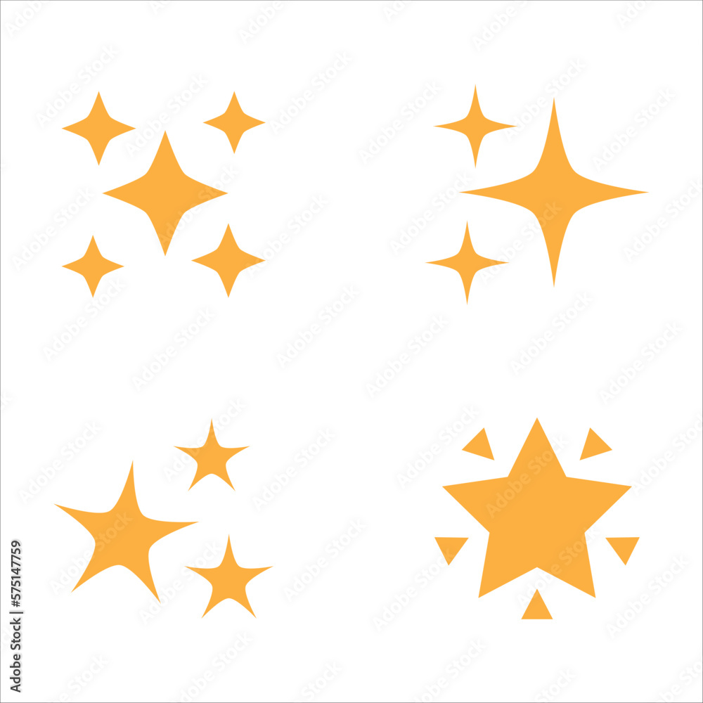 Sparkling star icon. Sparkle star shine icons. Shinny clean stars pop up. Shooting stars glitter vector illustration in yellow color. Sparkling star icon. Sparkle star shine icons. Shinny clean stars pop up. Shooting stars glitter vector illustration in yellow color.