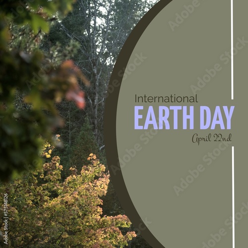 Image of international earth day text over forest
