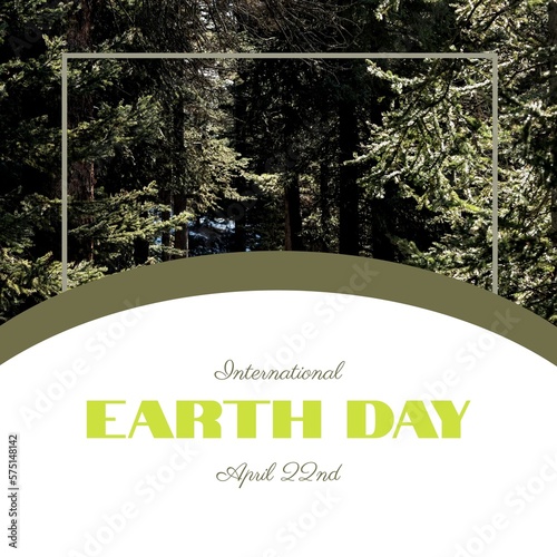 Image of international earth day text over fir tree forest