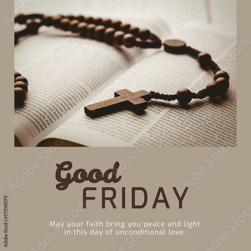 Image of good friday text over rosary with cross and bible