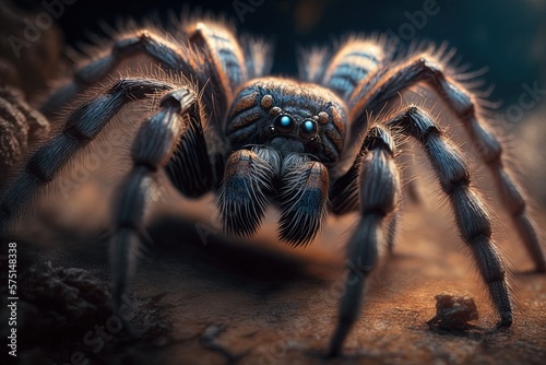 a zoomed-in photo shows a tarantula with eight eyes and hairy legs walking along a web it spun in midair. Generative AI