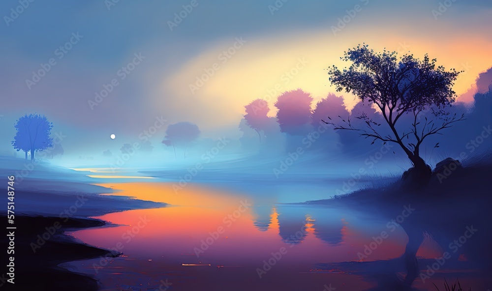 Obraz premium a painting of a river with a tree in the distance. generative ai